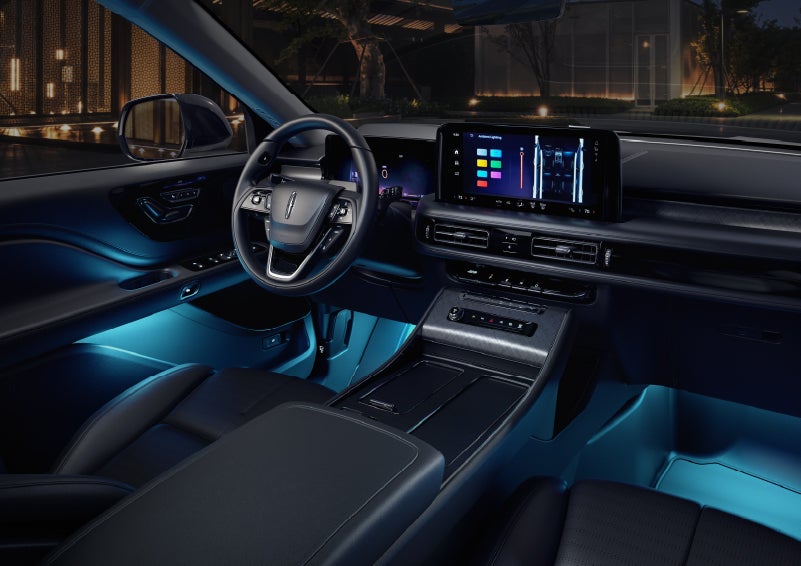 Deep blue ambient lighting glows from various places within a 2026 Lincoln Aviator® SUV. | Napleton River Oaks Lincoln in Calumet City IL