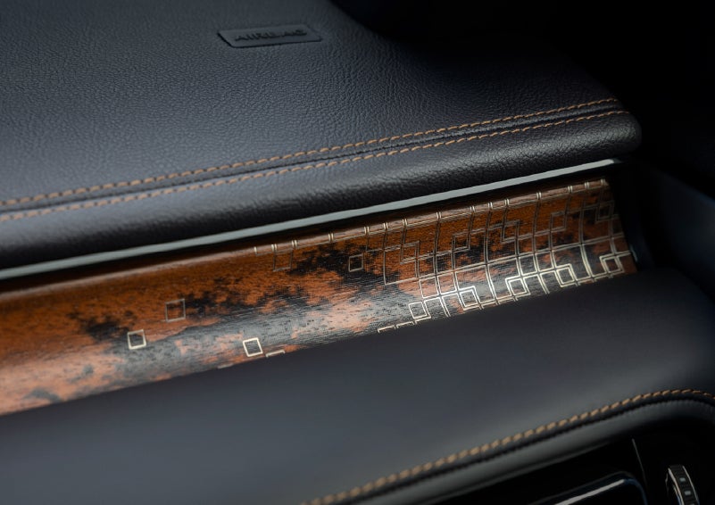 A close-up shot of the 2026 Lincoln Aviator® dashboard with unique black and brown accents and brown stitching. | Napleton River Oaks Lincoln in Calumet City IL